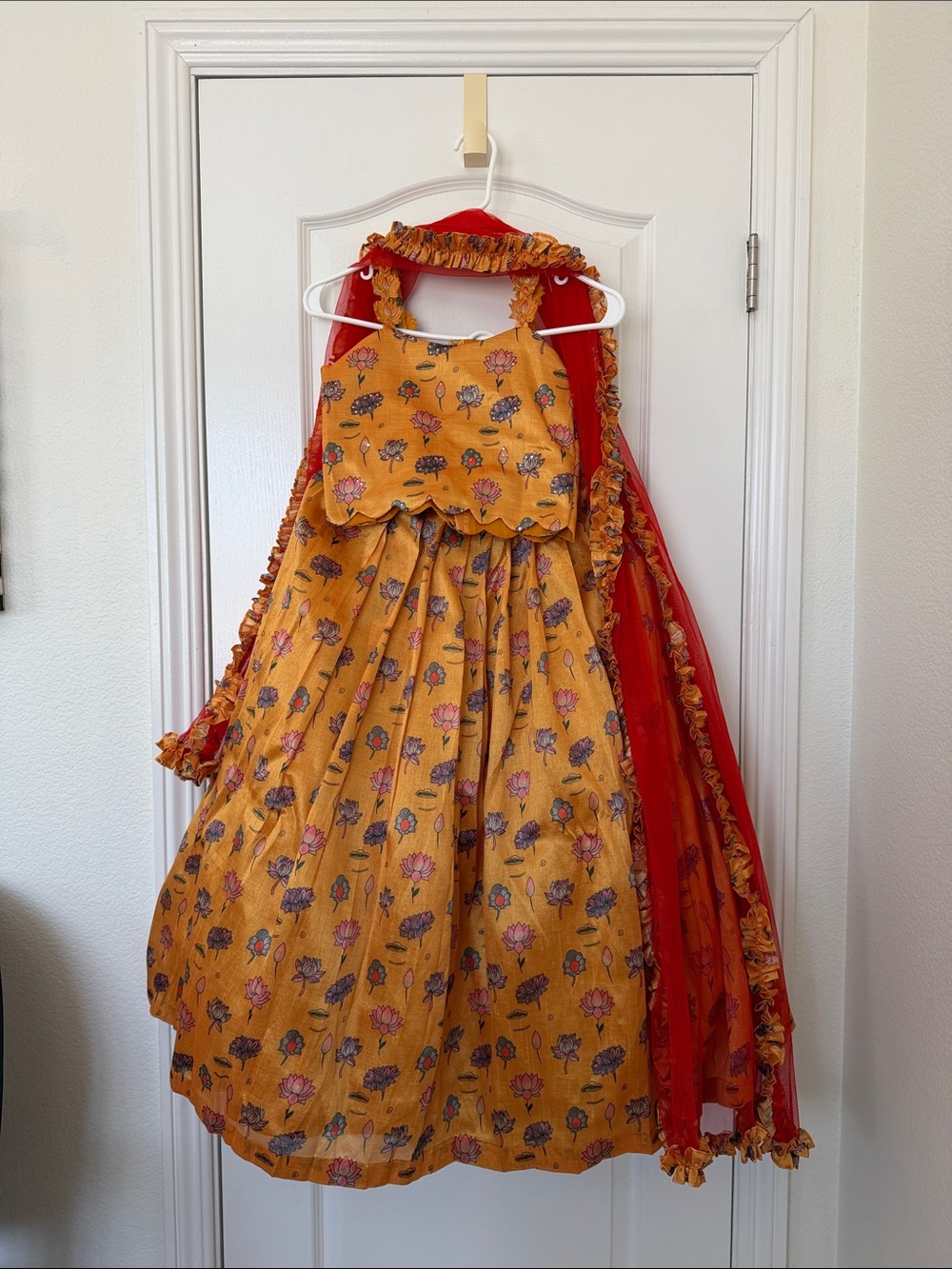 Girls' Mustard Floral Party Lehenga Set with Red Dupatta